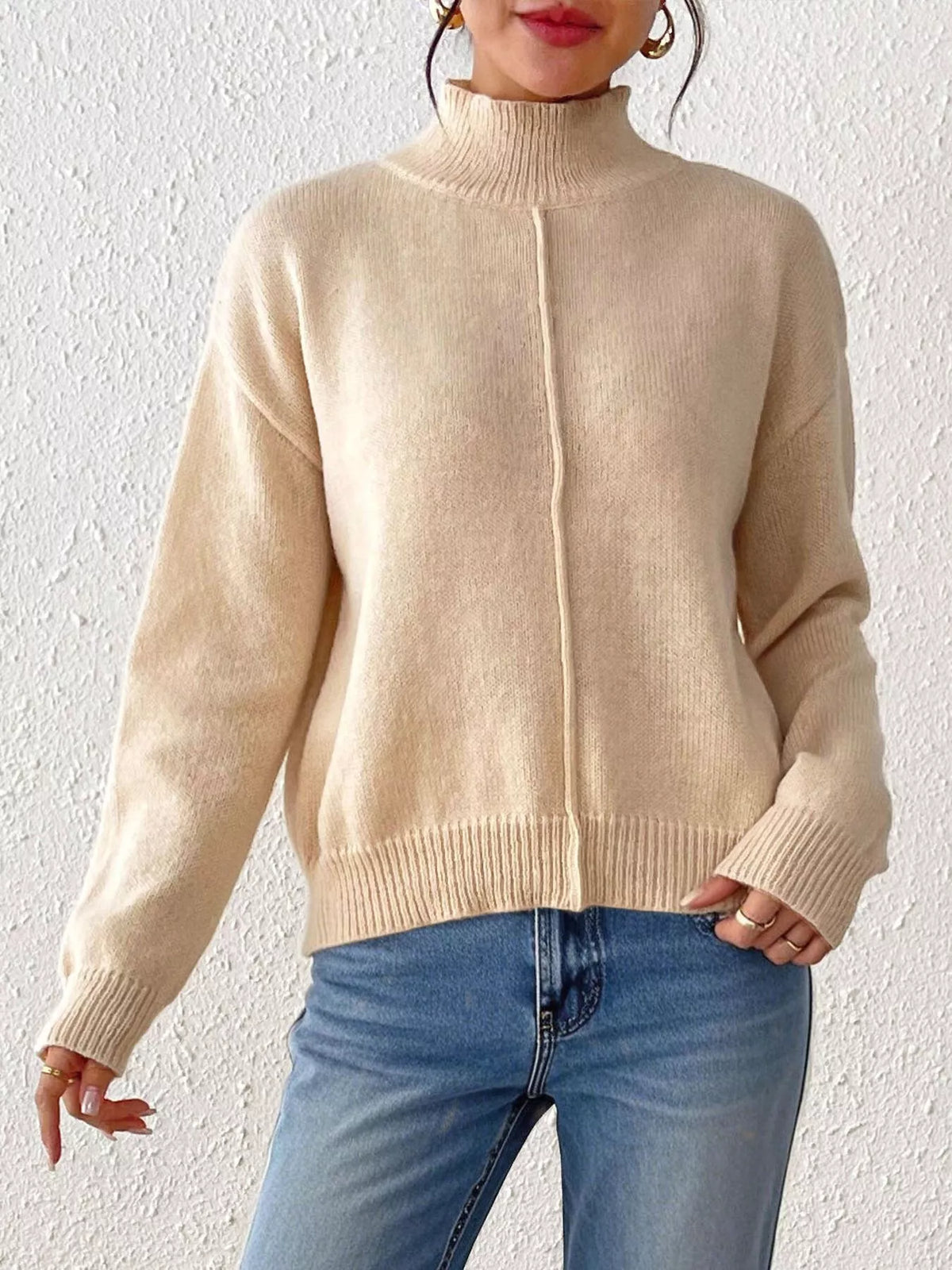 Center Seam Detail Turtleneck Sweater - Khaki - View 3