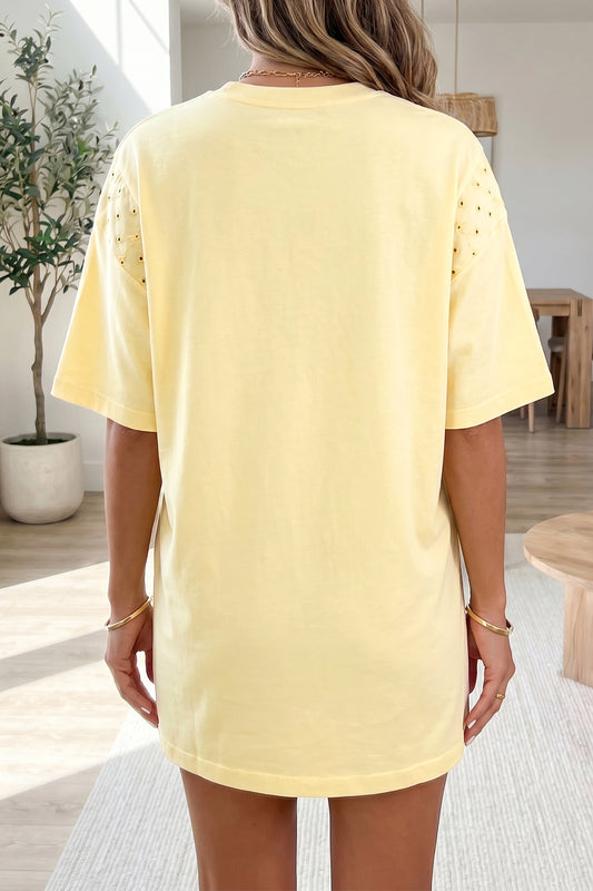Yellow Eyelet Lace T-Shirt Dress - Yellow Cream - 2