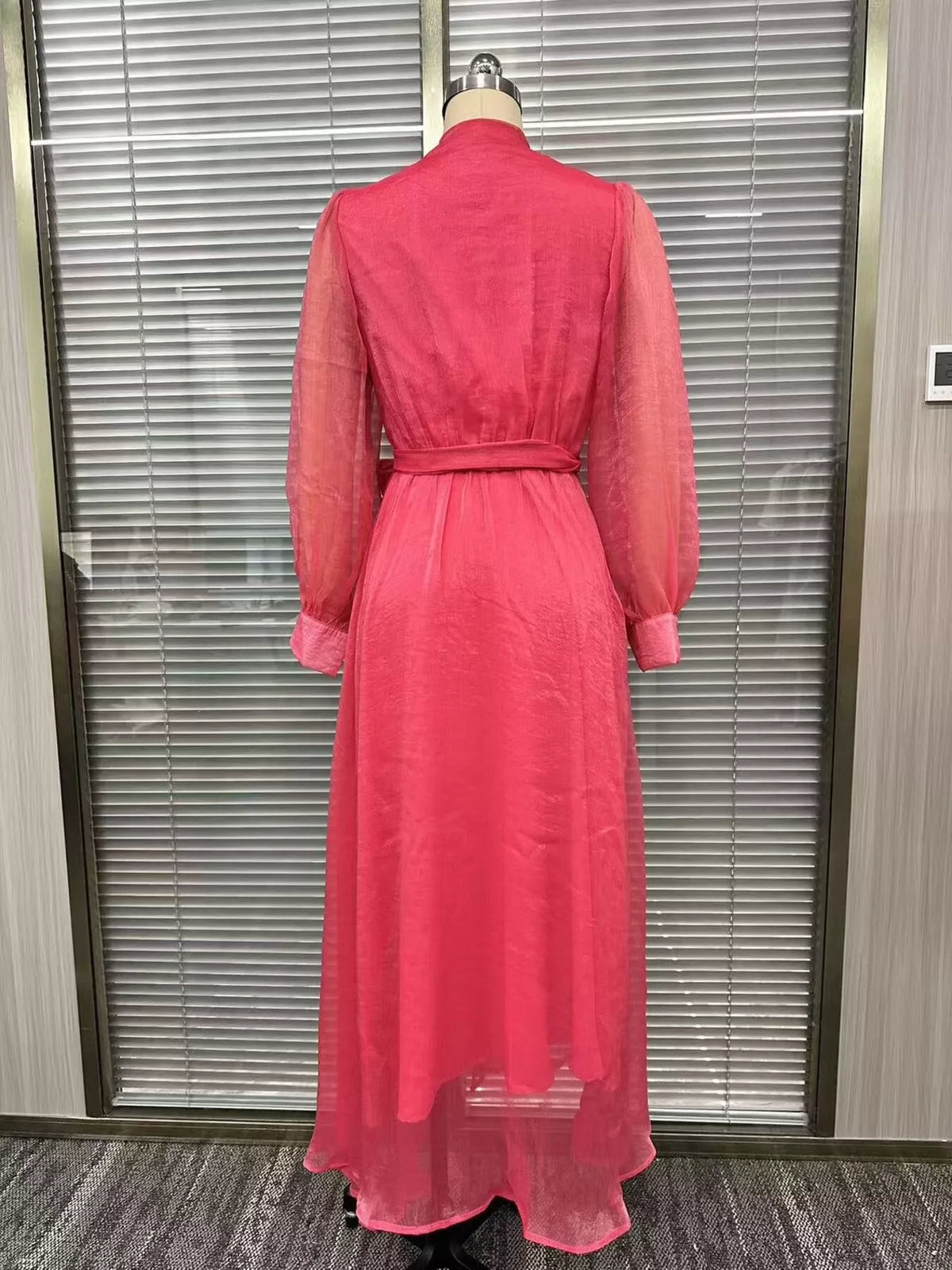 Long Sleeve Chiffon Wrap Maxi Dress with High Slit - Strawberry - View 4