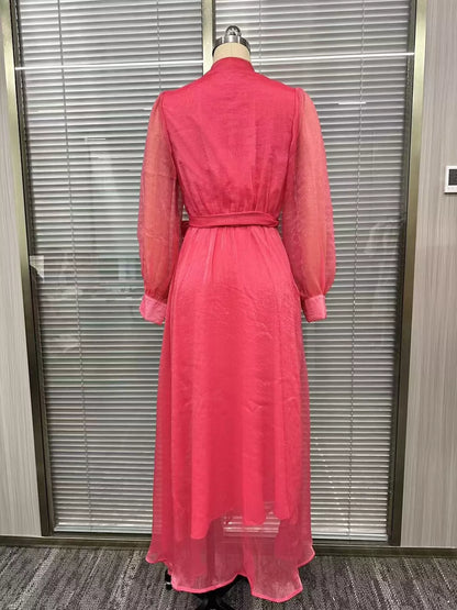 Long Sleeve Chiffon Wrap Maxi Dress with High Slit - Strawberry - View 4