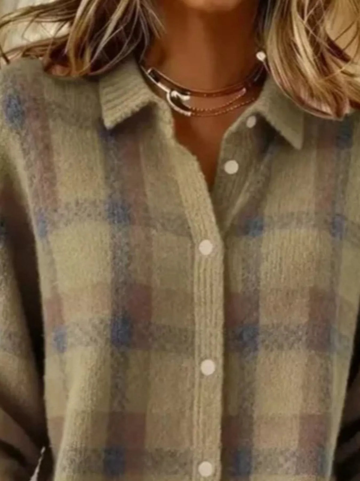 Full Size Plaid Button-Down Knit Cardigan Plus Size - Khaki - View 11