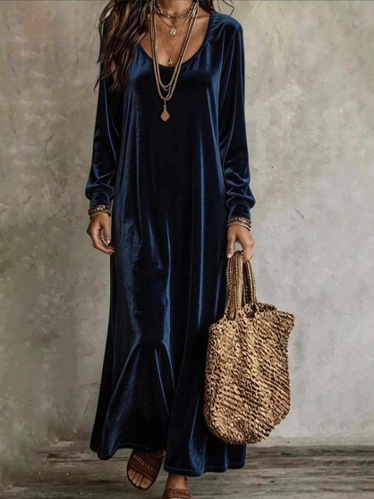 Velvet Long-Sleeve Maxi Dress - Navy - View 1