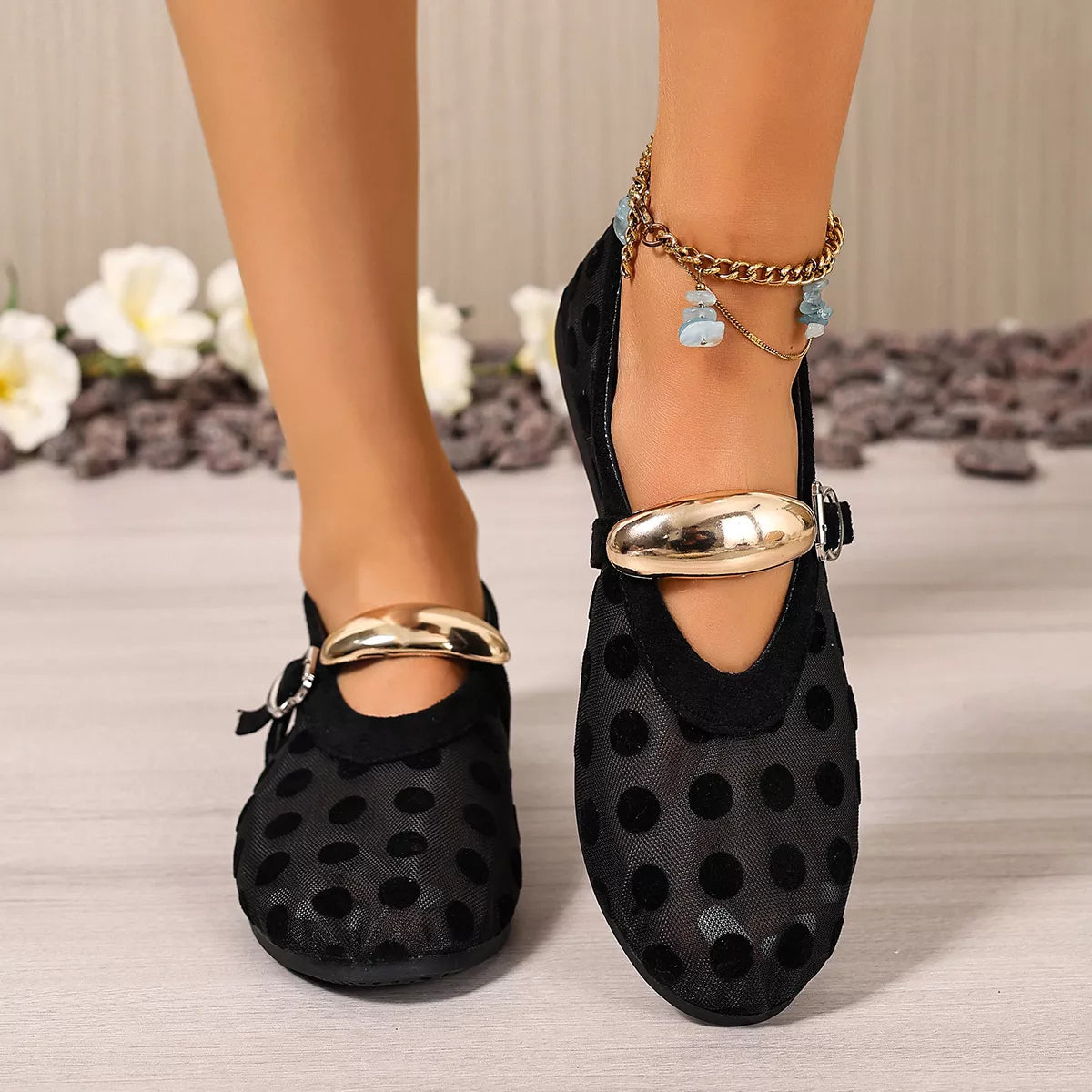 Polka Dot Mesh Slip-Ons - Black - View 1