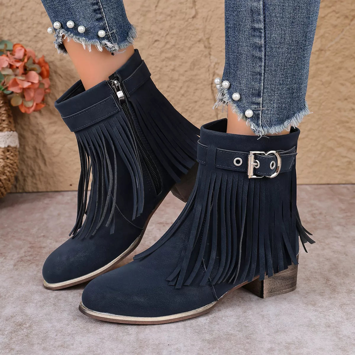 Fringe Ankle Boots with Buckle Detail - Blue - View 3
