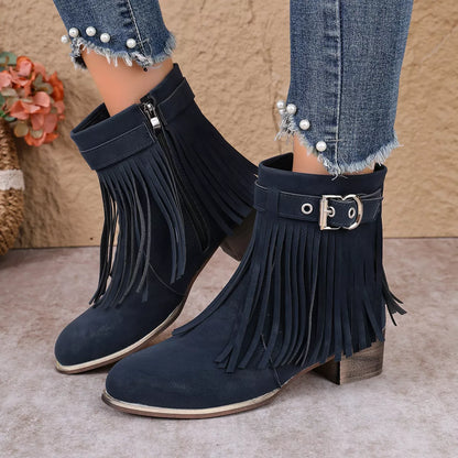 Fringe Ankle Boots with Buckle Detail - Blue - View 3
