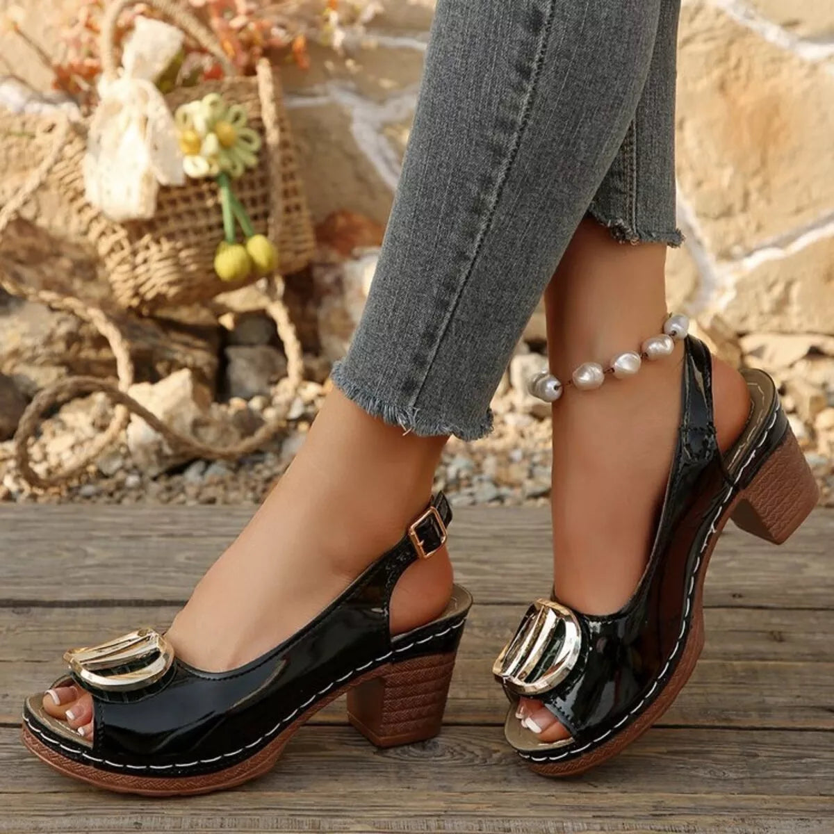 Peep Toe Block Heels Sandals - Black - View 6