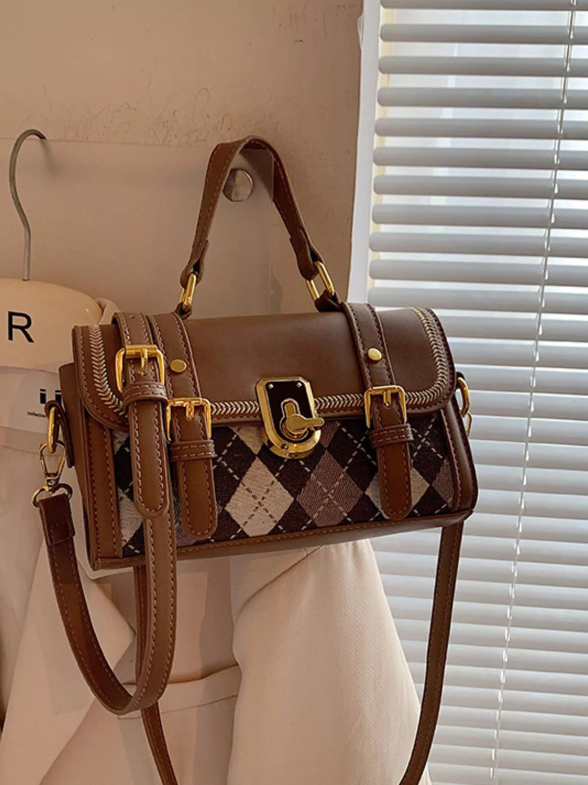 Argyle Pattern Flap Crossbody Bag - Brown - View 1
