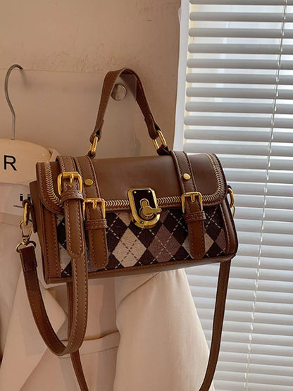 Argyle Pattern Flap Crossbody Bag - Brown - View 1