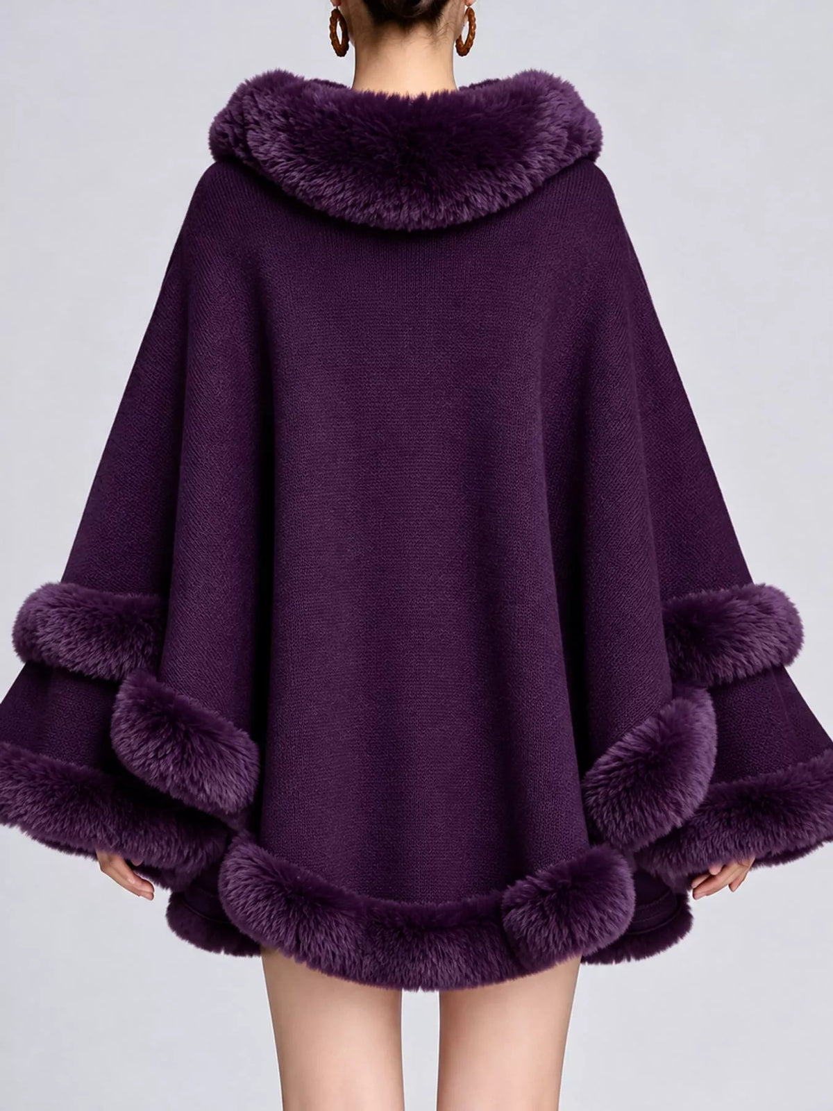 Faux Fur Trimmed Hooded Cape - Purple - View 36