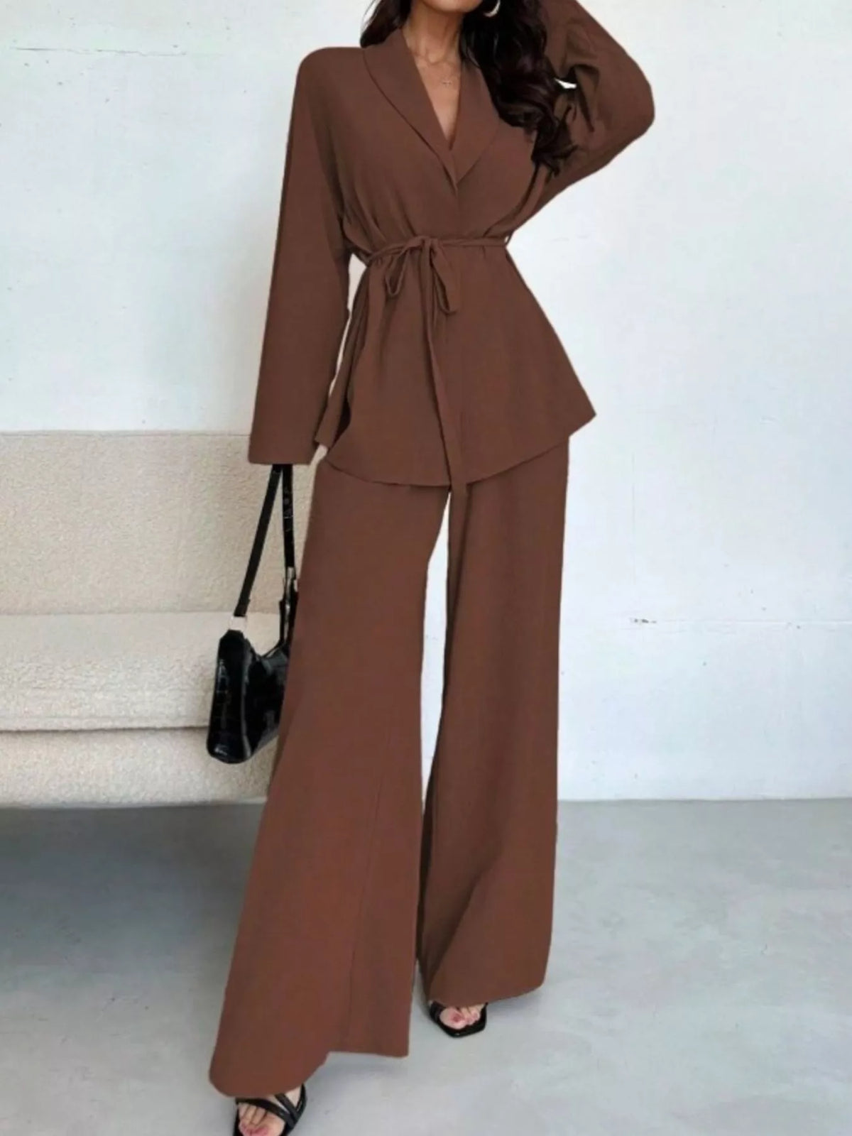Front Tied Shirt and Wide-Leg Pants Set - Dark Brown - View 12