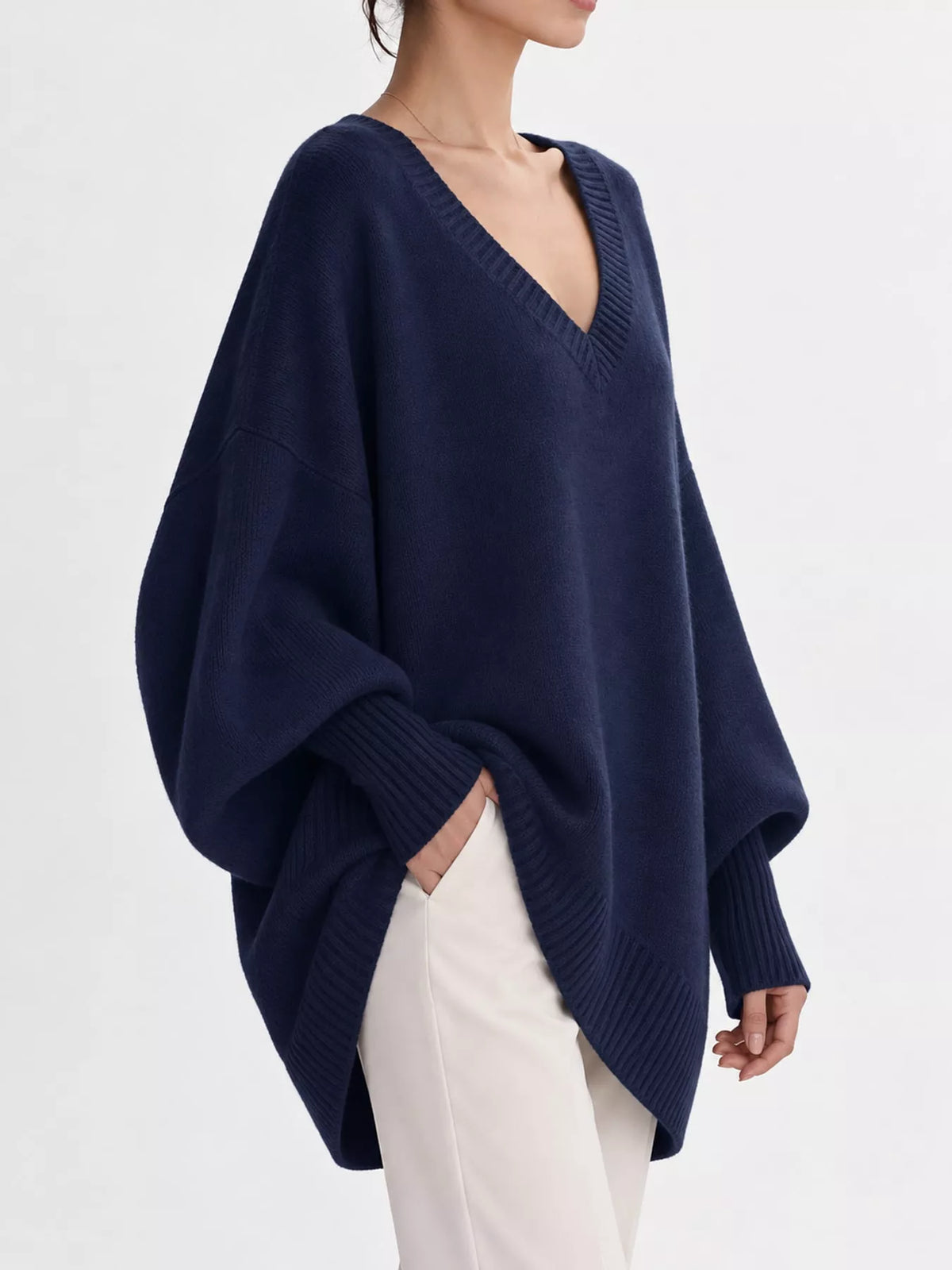 Full Size V-Neck Oversized Batwing Sleeve Sweater Plus Size - Navy - View 17