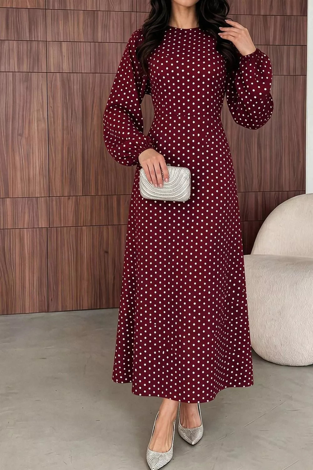Polka Dot Long Sleeve Maxi Dress - Coffee Brown - View 5