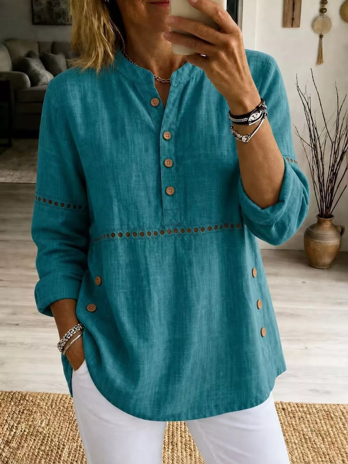 Full Size Button Detail Eyelet Long Sleeve Blouse Plus Size - Emerald - View 1