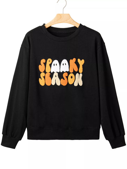 Embroidered Spooky Season Long Sleeve Round Neck Sweatshirt - Black - View 11