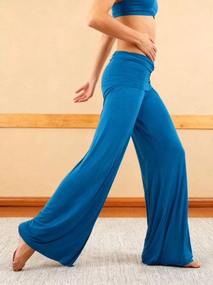 High-Waisted Fold-Over Wide Leg Active Pants - Blue - View 2