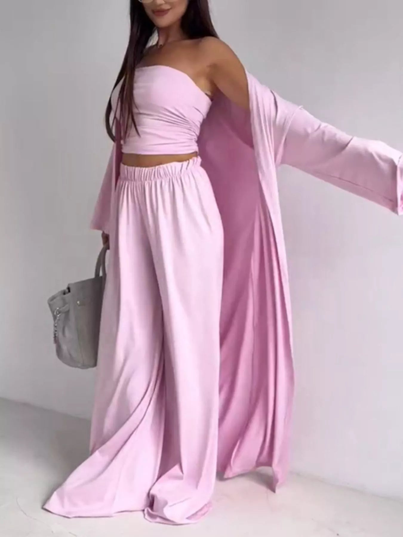 Tube Top & Cardigan & Wide Leg Pants 3-Piece Set - Blush Pink - Alternate Styled Front View