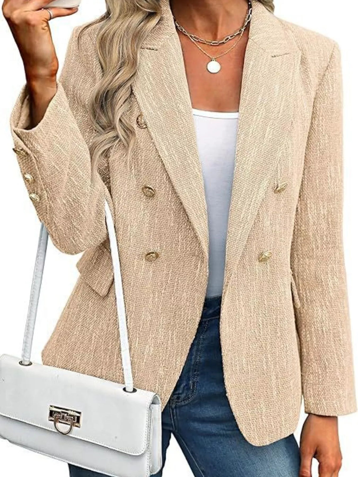 Double-Breasted Lapel Collar Blazer - Khaki - View 10