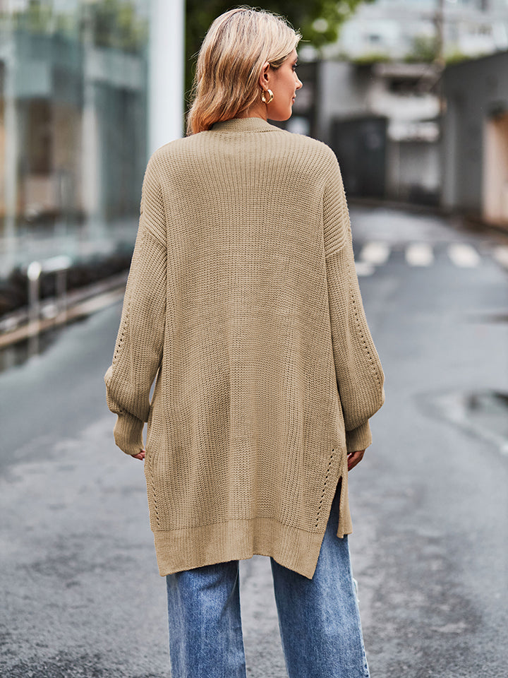 Long Sleeve Waffle-Knit Cardigan - Camel - View 6