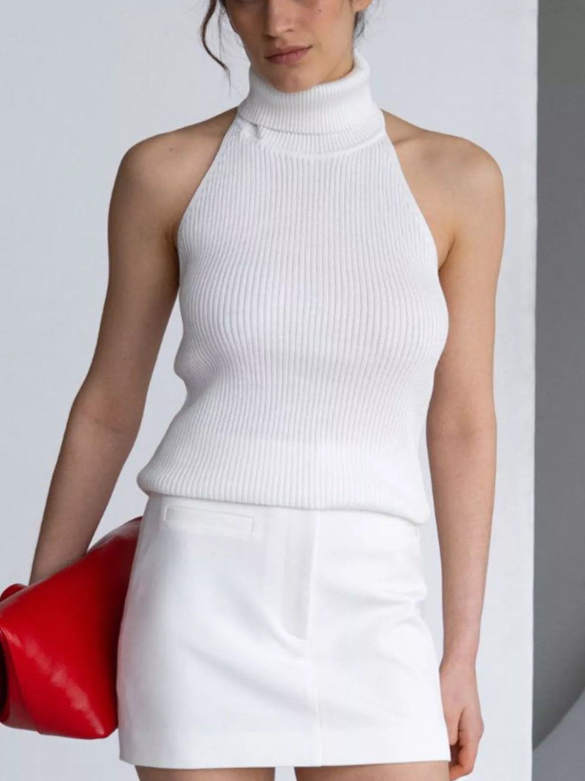 Halter Neck Sweater Tank - White - View 1