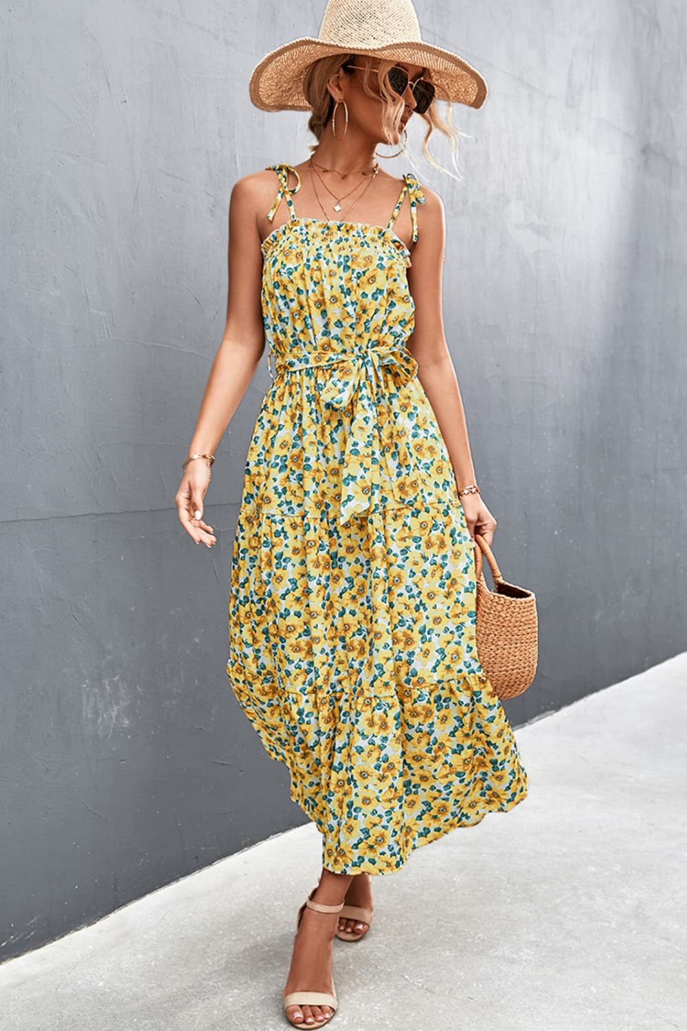 Floral Tie-Shoulder Belted Dress - Chartreuse - View 1