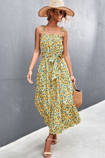 Floral Tie-Shoulder Belted Dress - Chartreuse - View 1