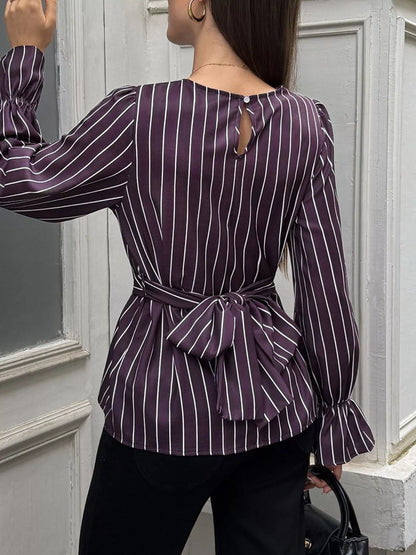 Striped Flounce Sleeves Blouse - Purple - View 5