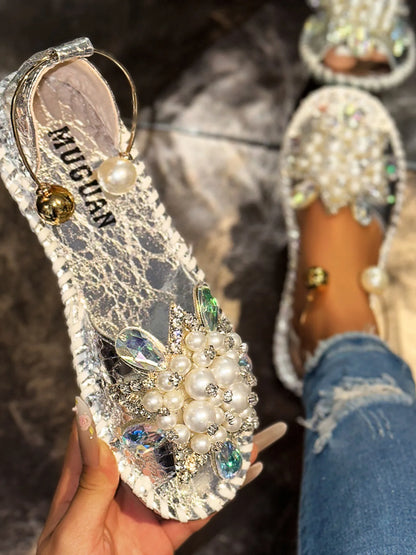 Pearl Embellished Flat Sandals - Gold - View 6