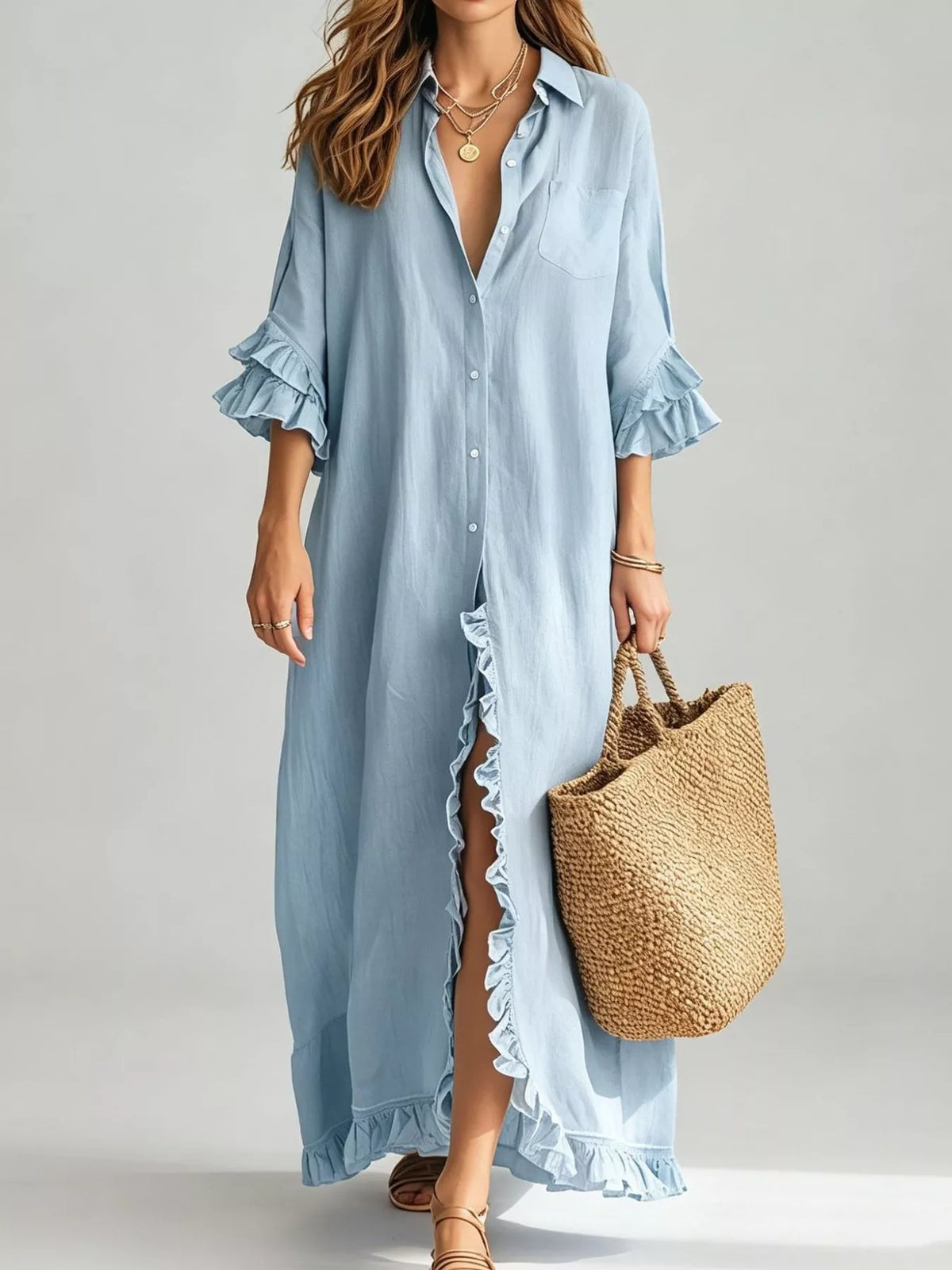 Full Size Ruffled Trim Button-Down Maxi Shirt Dress Plus Size - Light Blue - View 1