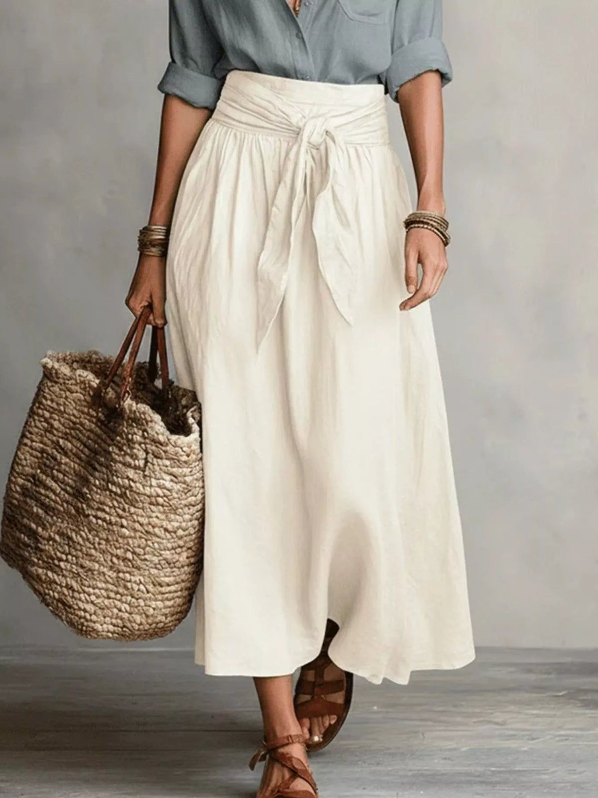 Full Size Button-Down Shirt and Skirt Set Plus Size - Gray - View 3