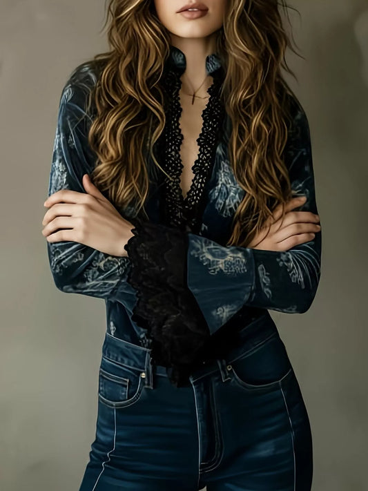 Lace Trim Flare Sleeves Blouse - Mixed Color - View 2