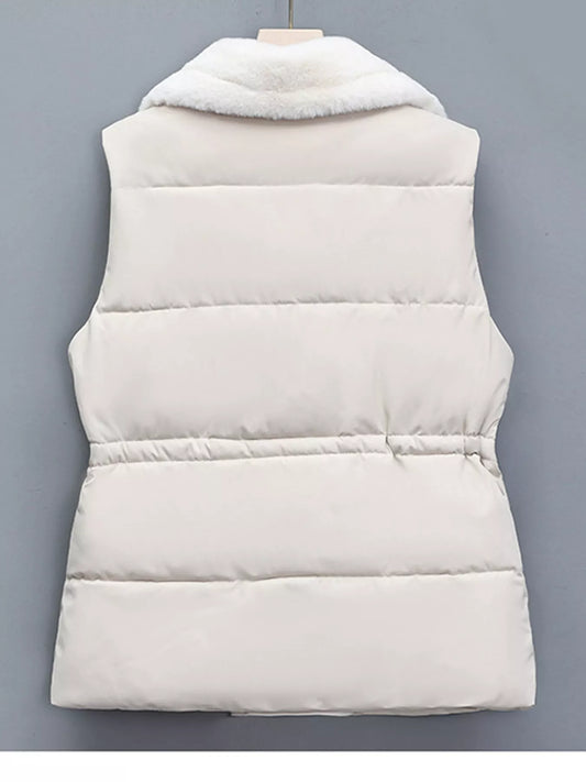 Faux Fur Trimmed Vest Coat with Drawstring Waist - Off-White - View 2
