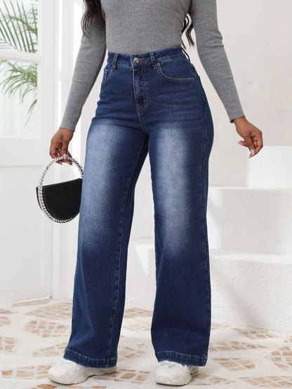 High-Waisted Washed Wide-Leg Jeans - Dark Blue - View 2