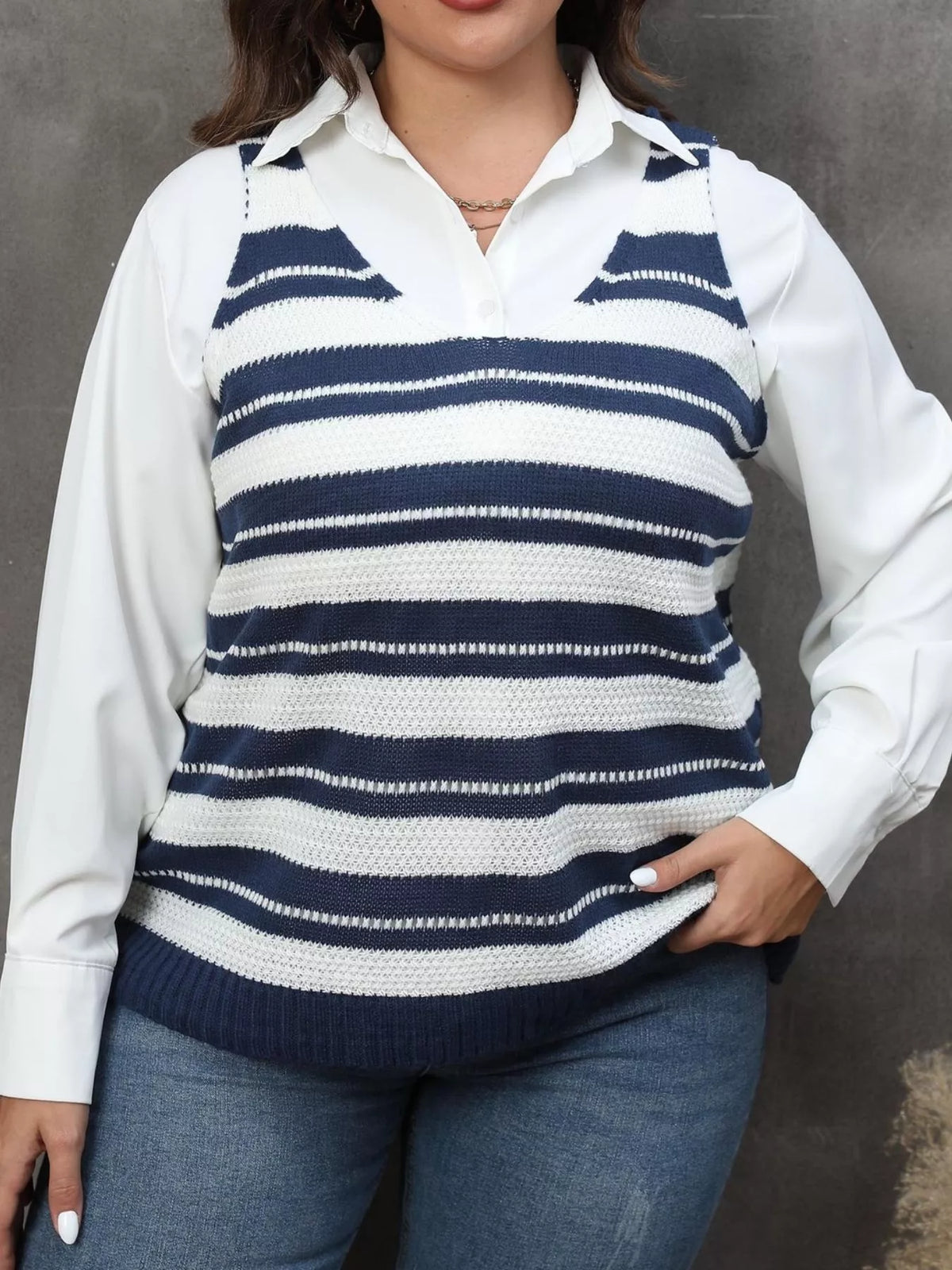 Plus Size Striped V-Neck Knit Sweater Vest - All Colors - View 1