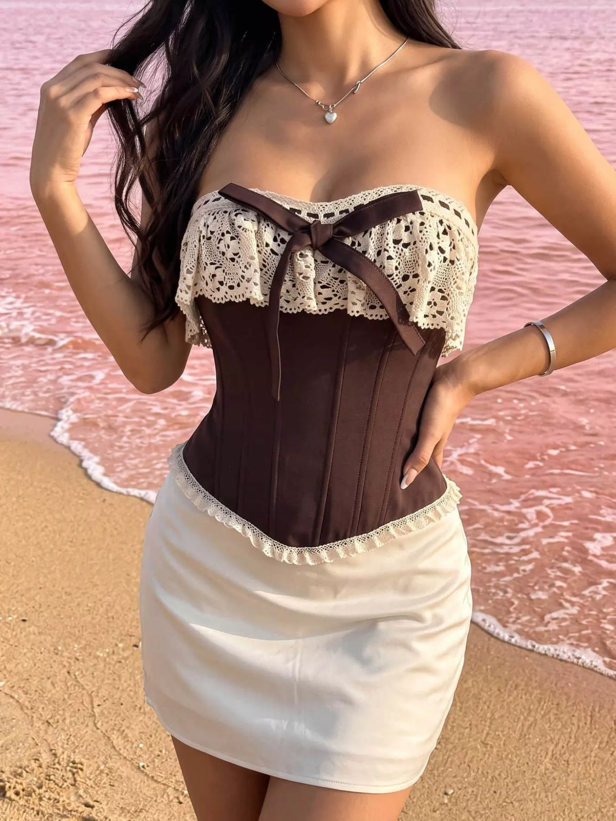 Crochet Lace Strapless Boned Corset Lace‑Up Waist Cincher Tube Top - Brown - View 5