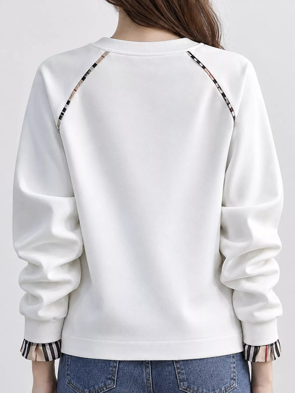 Plaid-Trimmed Crew Neck Sweatshirt - White-Plain - View 2