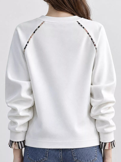 Plaid-Trimmed Crew Neck Sweatshirt - White-Plain - View 2