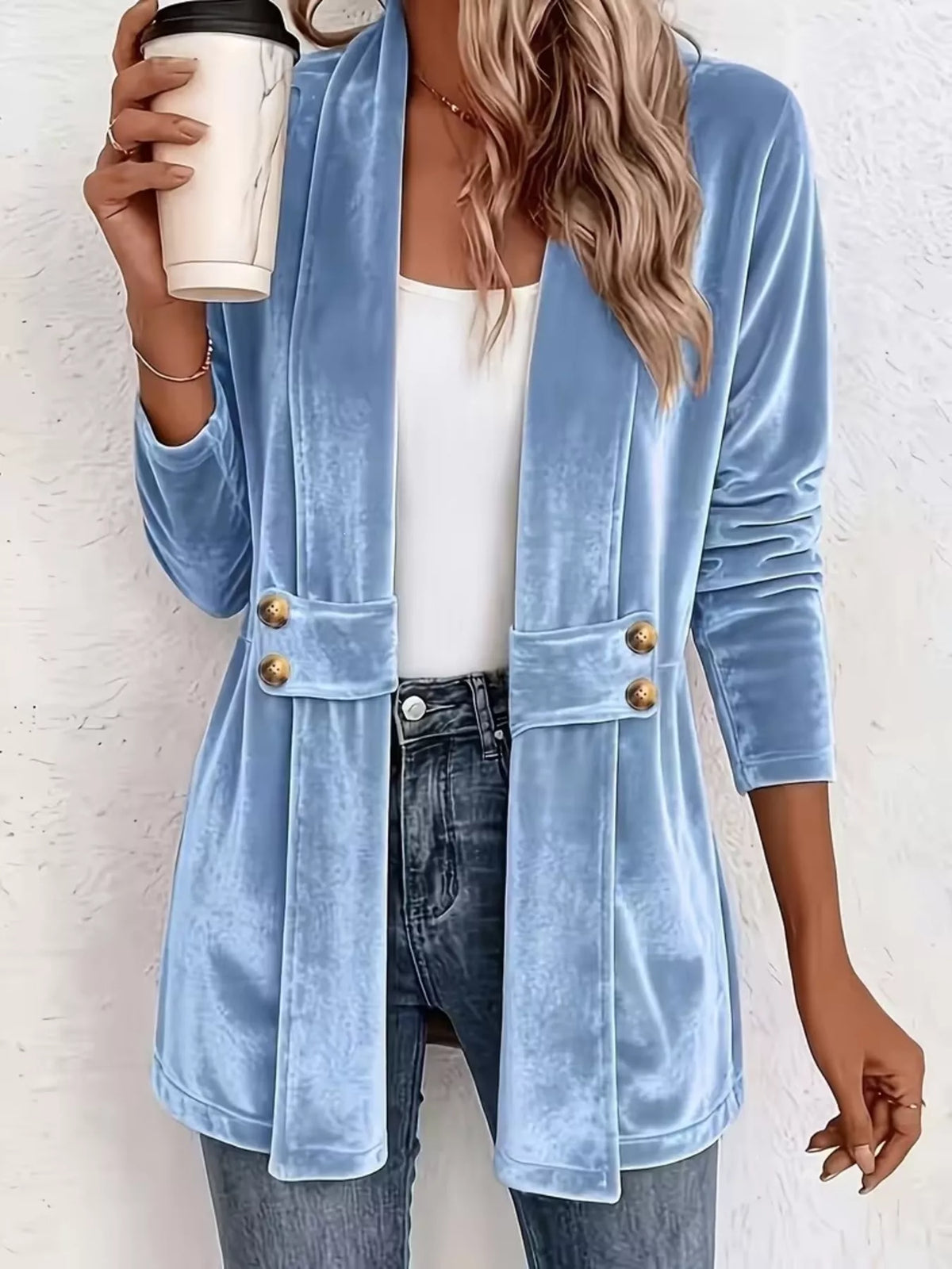 Full Size Velvet Open-Front Cardigan Plus Size - Sky Blue - View 1