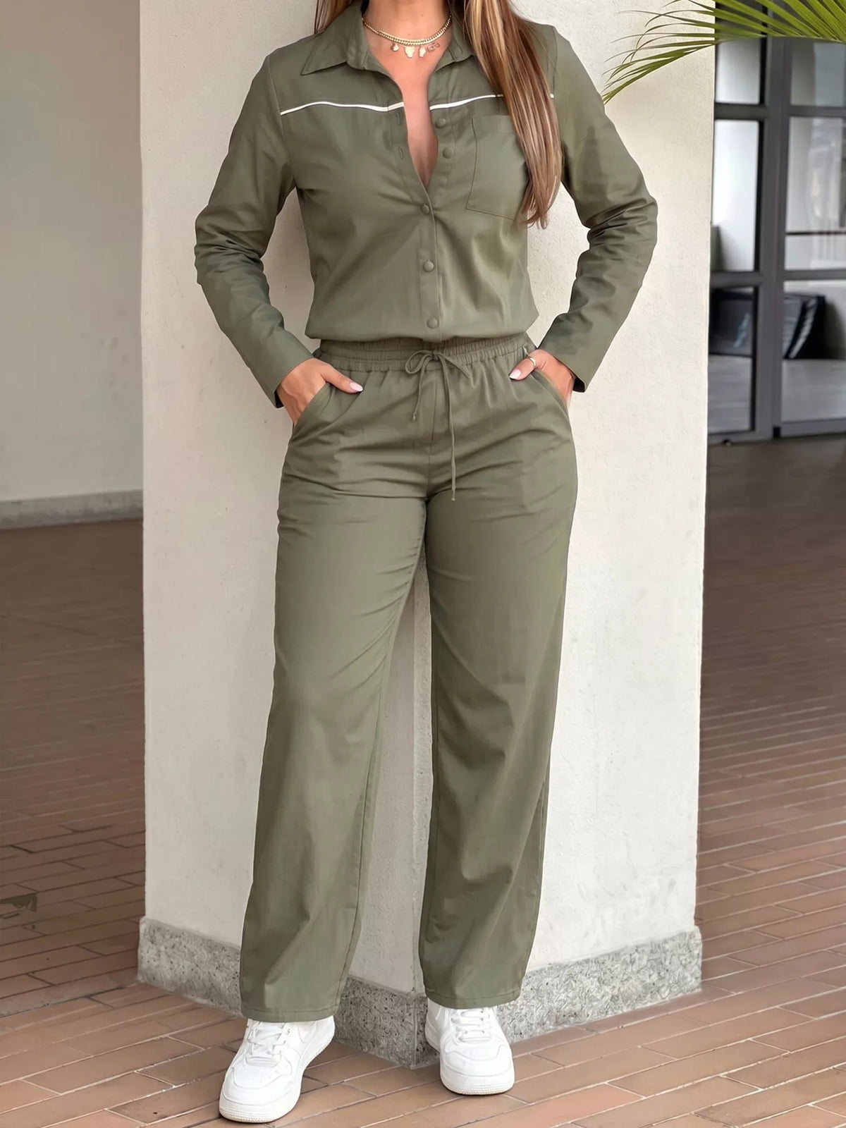 Button Front Jumpsuit with Drawstring Waist - Army Green - View 3