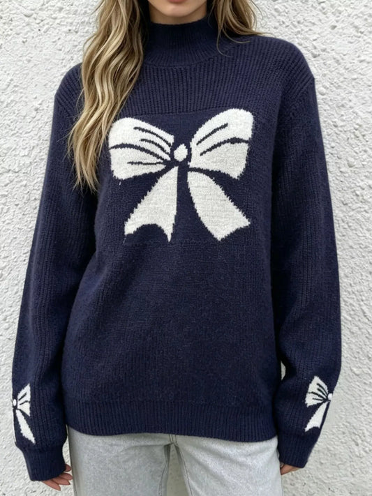 Bowknot Pattern Mock Neck Sweater - Blue - View 2