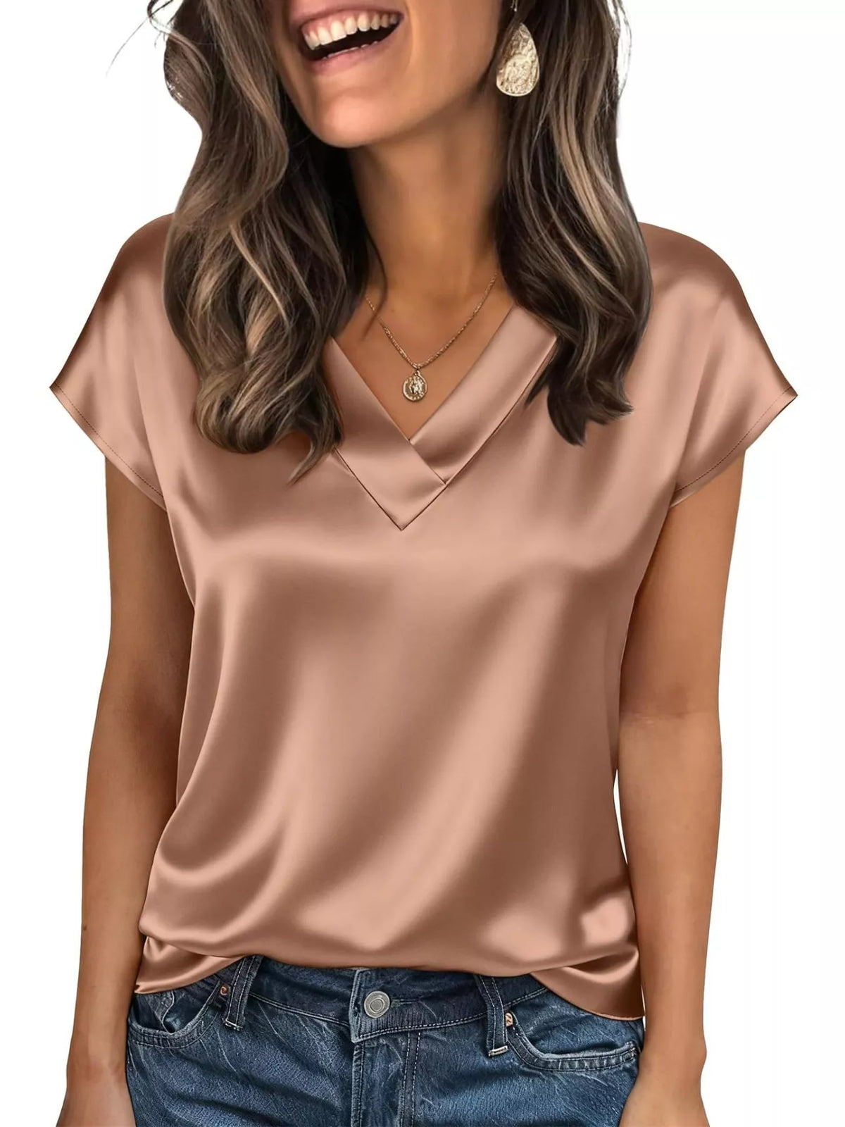 Satin V-Neck Cap Sleeve Blouse - Khaki - View 5