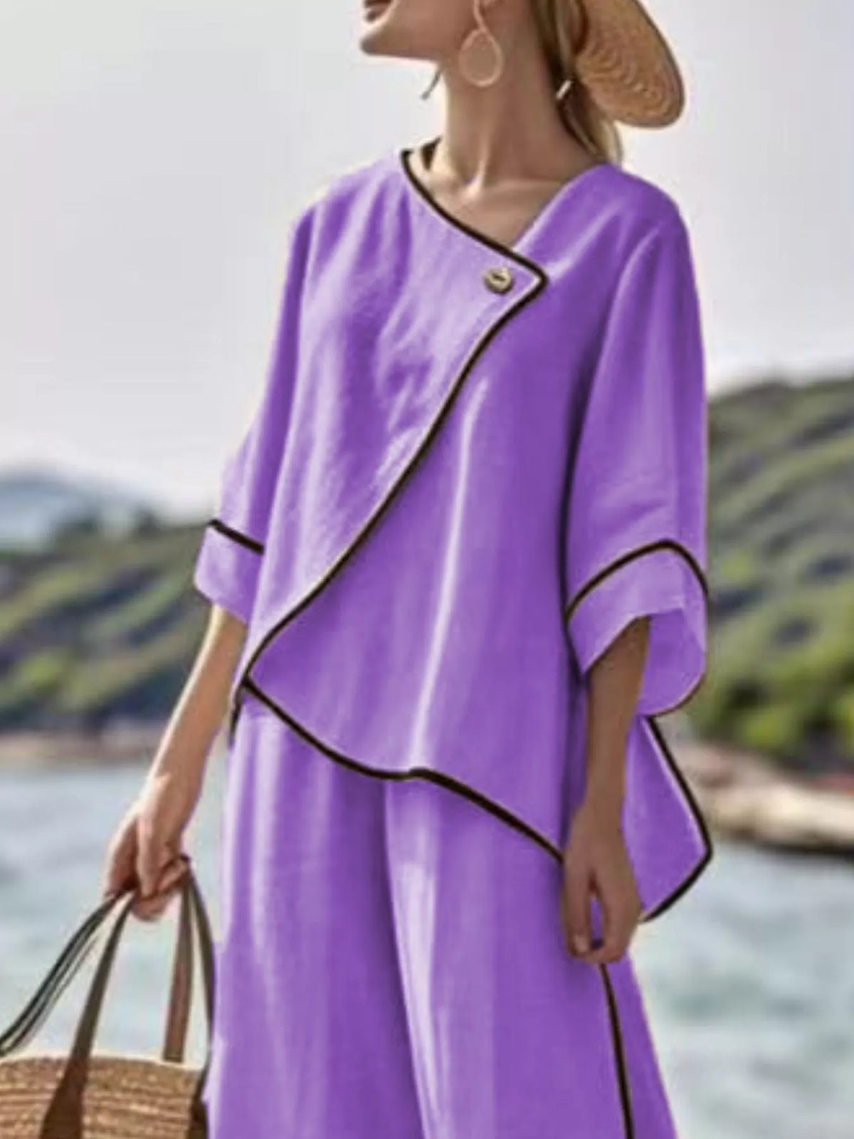 Full Size Contrast Trim Top and Wide Leg Pants Set Plus Size - Purple - View 2