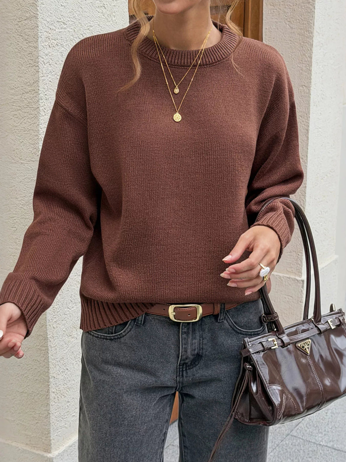 Crew Neck Ribbed Hem Sweater - Brown - View 3