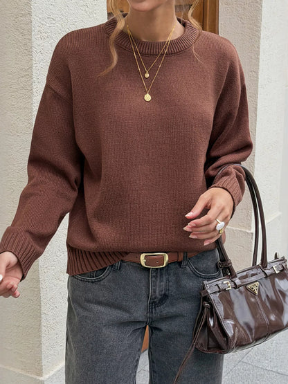 Crew Neck Ribbed Hem Sweater - Brown - View 3