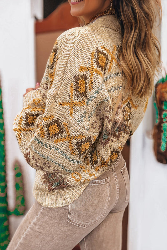 Khaki Western Pattern Knitted Button V Neck Cardigan Sweater - Khaki - 2