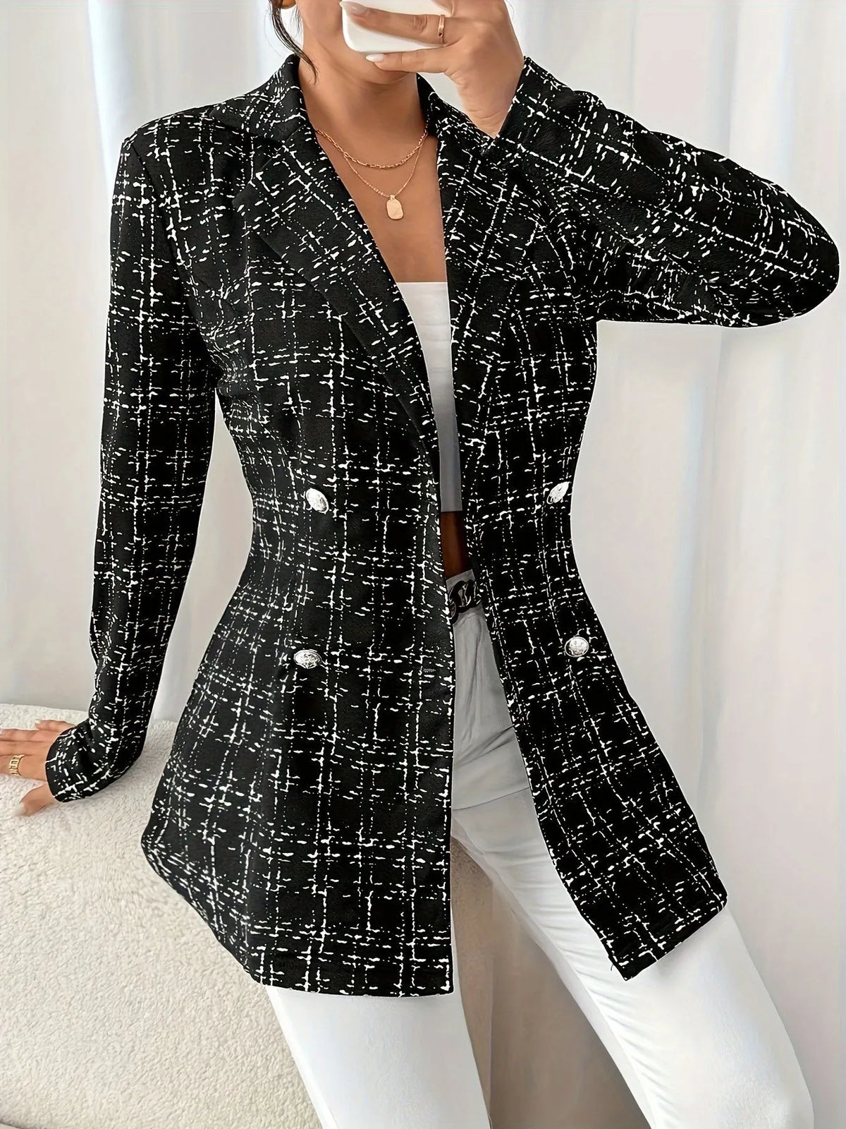 Tweed Double-Breasted Blazer - Black - View 1