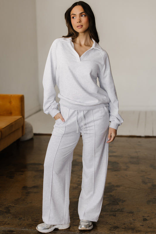 Light Grey Polo Collar V Neck Pullover and Drawstring Sweatpants Set - Light Grey - 2