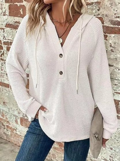 Full Size Waffle Knit Half-Button Hoodie Plus Size - White - View 1