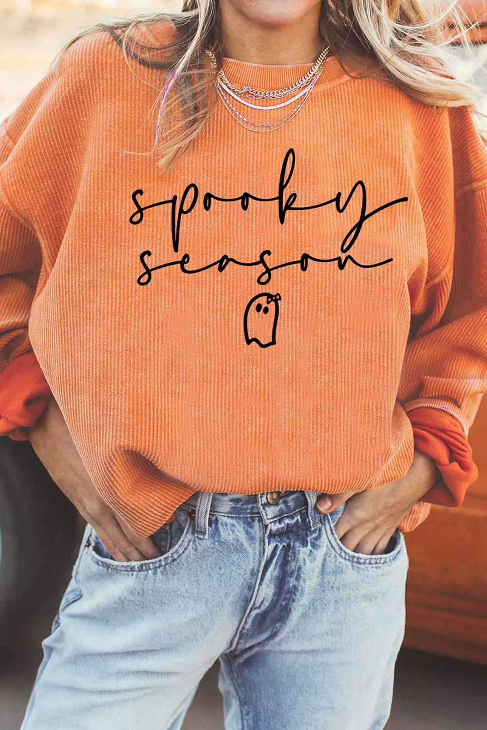 Spooky Season Ghost Letter Cozy Ribbed Pullover Sweatshirt - Sherbet - View 3