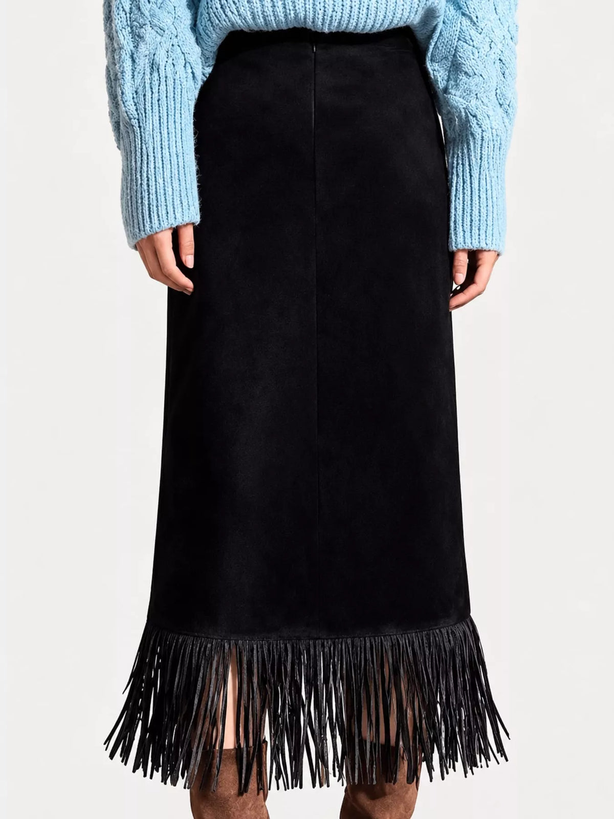 High-Waisted Fringe Midi Skirt - Black - View 7