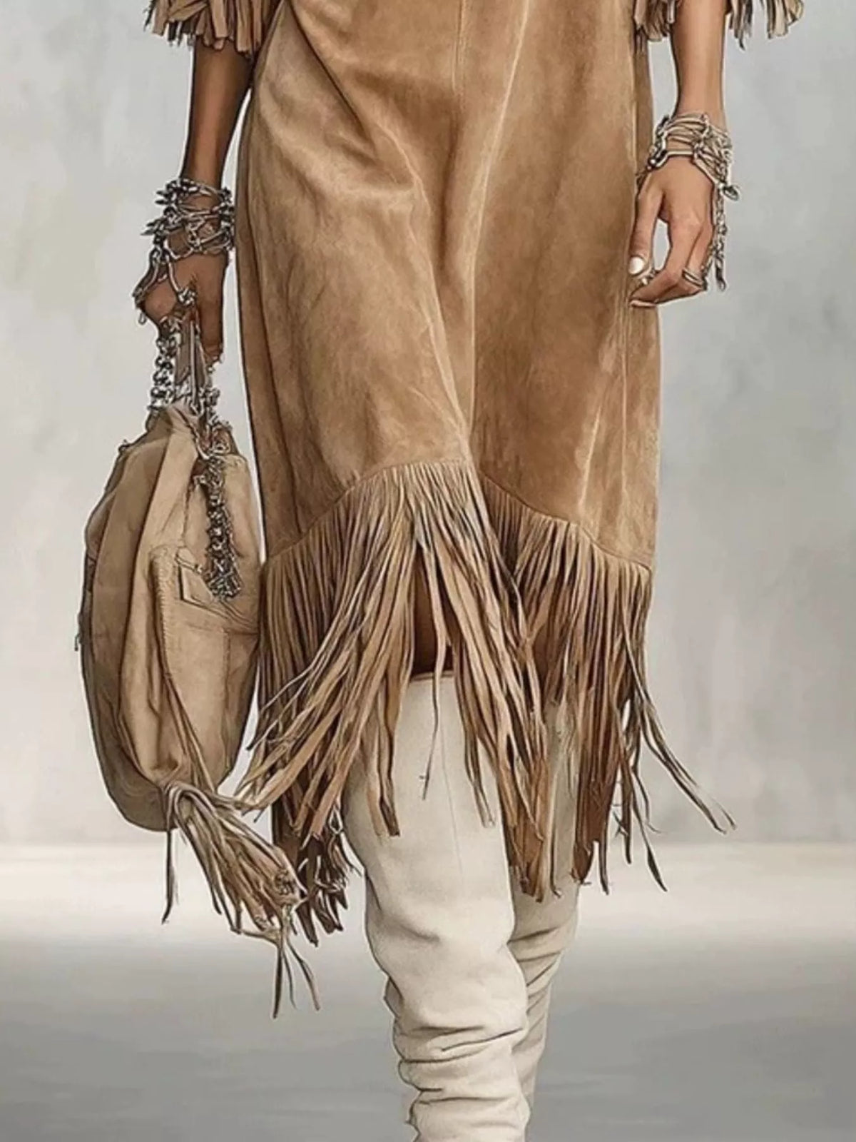 Fringed Round Neck Midi Dress - Khaki - View 2